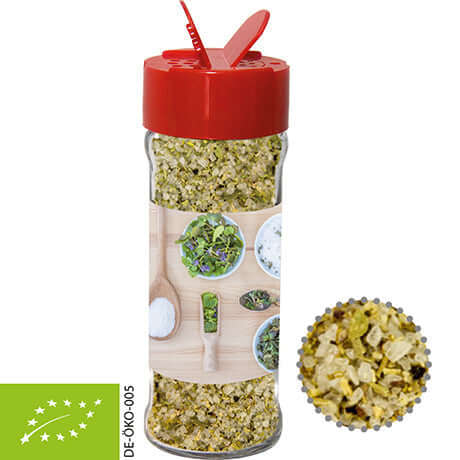 Glazen strooipotje met biologisch kruidenzout (50 gram)
