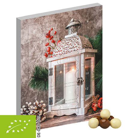 Biologische chocolade crunchbolletjes (50 gram) in staande adventskalender