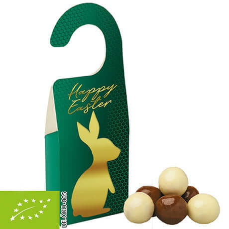 Bedrukte biologische Crunch Choco's in deurhangerverpakking met eigen logo — promotioneel snoepje