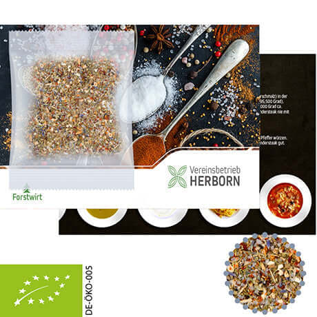 Bedrukte kaart A6 met biologische kruidenmix alleskunner (10 gram)