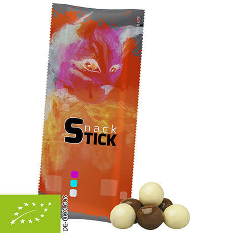 Bedrukte biologische Crunch Choco's, ca. 20g, in snackstick-verpakking met eigen logo — promotioneel snoepje