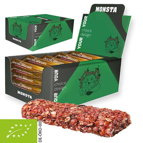 Displaybox met 25 biologische mueslirepen framboos, ca. 30g per stuk, bedrukte sticker