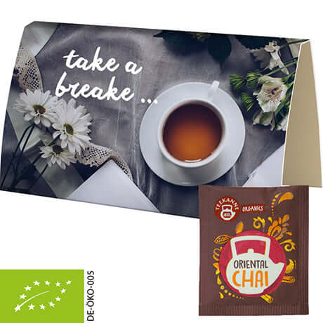 Gevouwen kaart A6 met biologische oriental chai-thee (1,8 gram)