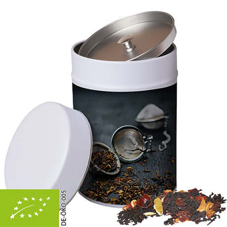 Metalen blik met biologische zwarte kerstthee (125 gram)