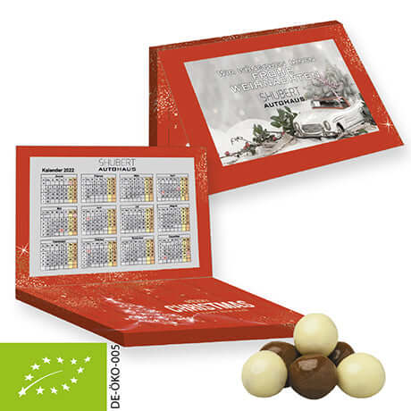 Biologische chocolade crunchbolletjes (50 gram) in adventskalender met kaartje
