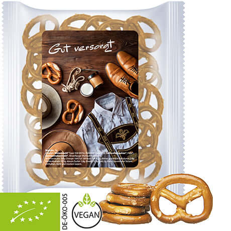 Biologische minipretzels (30 gram) in zakje XL met sticker