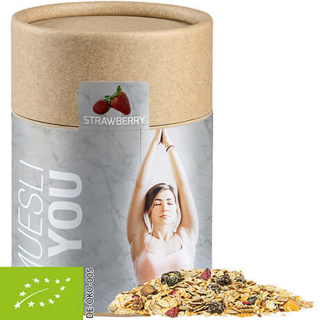 Bedrukte bio mueslireep aardbei in kraftpapieren doosje (ca. 60g) met persoonlijke sticker