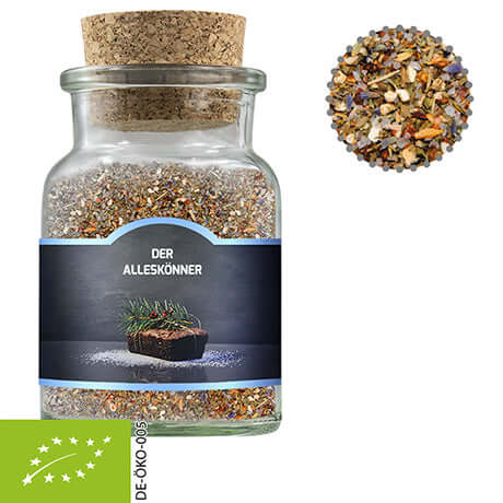 Glazen potje met kurk met biologische kruidenmix alleskunner (75 gram)