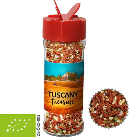 Glazen strooipotje met biologische kruidenmix Toscaanse bruschetta (35 gram)