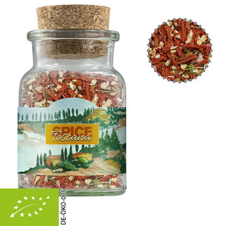 Glazen potje met kurk met biologische kruidenmix Toscaanse bruschetta (50 gram)