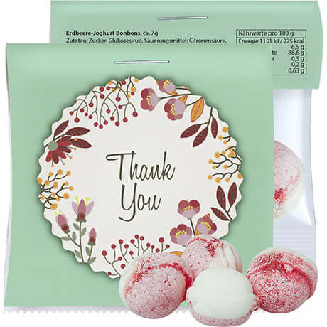 Aardbei-yoghurtsnoepjes met logo (17 tot 200 gram)