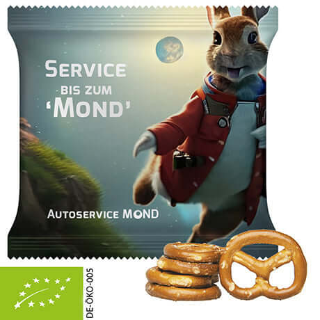 Biologische minipretzels (30 gram) in bedrukt zakje XL