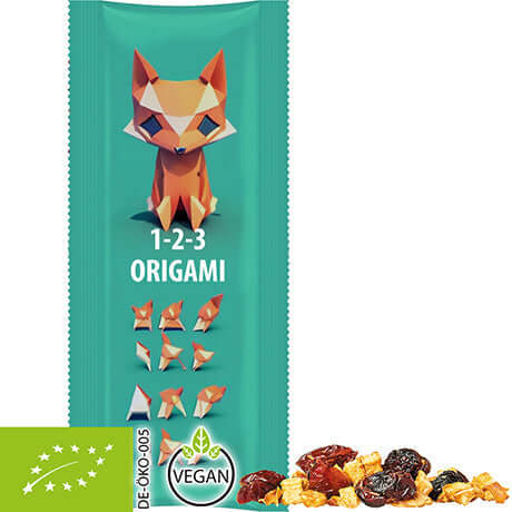 Biologische fruitmix in bedrukte snackstick met logo (15 gram)