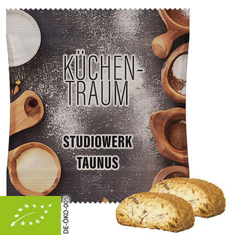 Biologische cantuccini met logo in zakje of blik (25 of 100 gram)