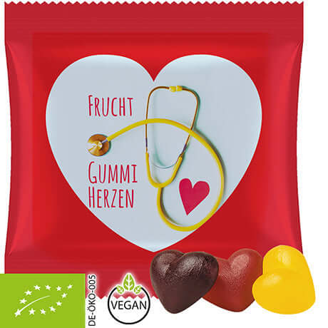 Biologische fruitgomhartjes met logo in bedrukt zakje (20 gram)
