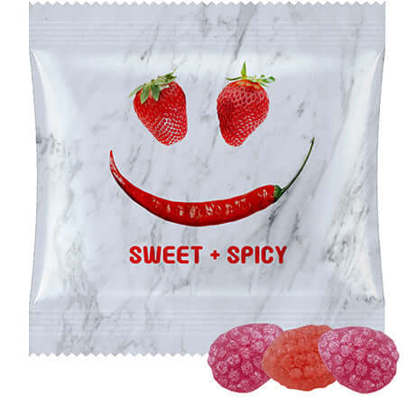 Aardbei-chilisnoepjes (17 gram) in bedrukt zakje