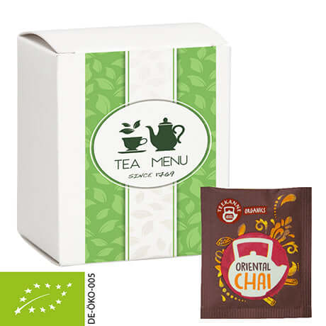 Bedrukt vouwdoosje met biologische oriental chai-thee (5 stuks)