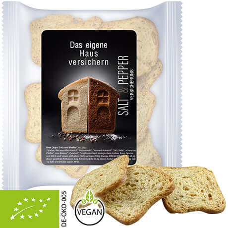 Biologische broodchips zout en peper (20 gram) in zakje XL met sticker