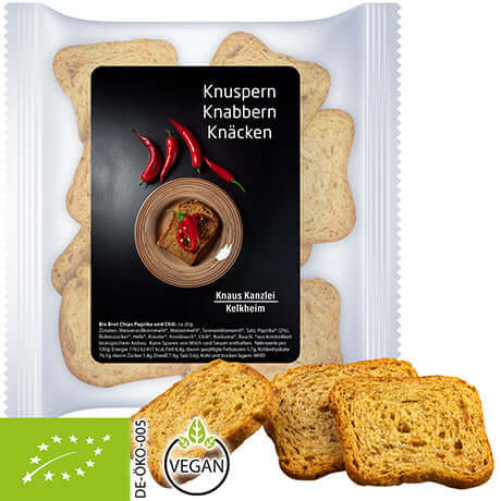 Biologische broodchips paprika en chili (20 gram) in zakje XL met sticker