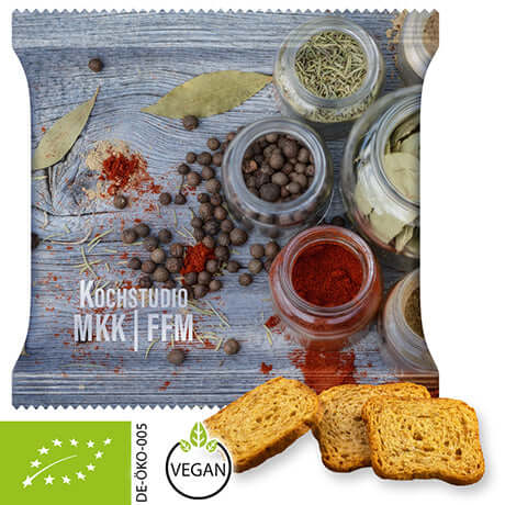 Biologische broodchips paprika en chili (20 gram) in bedrukt zakje XL
