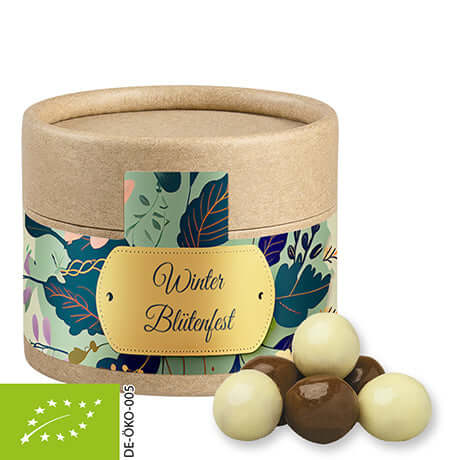 Bedrukte biologische Crunch Choco's, ca. 25g, in bruine kraftpapieren doos met eigen logo — promotioneel cadeau