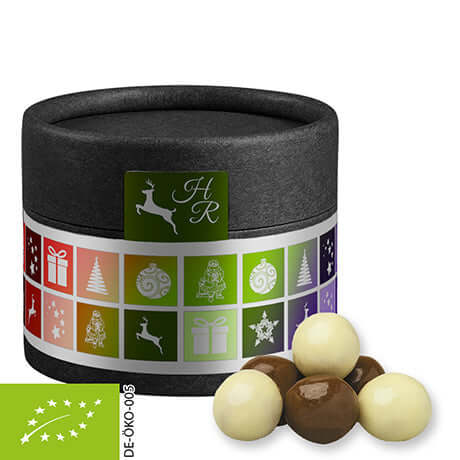 Bedrukte biologische Crunch Choco's, ca. 25g, in zwarte kraftpapieren doos met eigen logo — promotioneel cadeau
