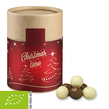 biologische Knusperkugeln-Mix, ca. 50g, Kraftpapierdose Midi bedrukken – promotionele snack