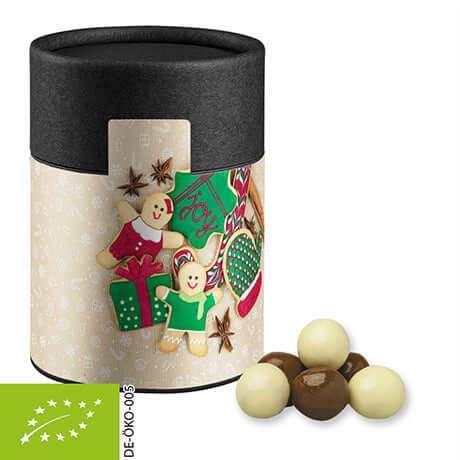 biologische Knusperkugeln-Mix, ca. 50g, Kraftpapierdose Midi schwarz bedrukken – promotionele snack