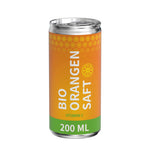 Biologisch sinaasappelsap in blikje van 200 ml, papieren etiket, mat, met voorbeeldontwerp