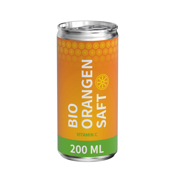Biologisch sinaasappelsap met logo in blikje van 200 ml