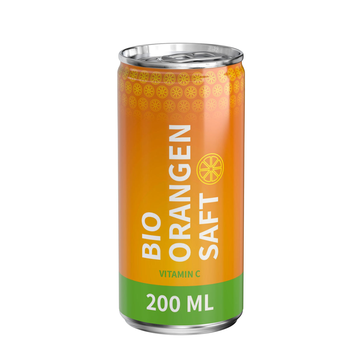 Biologisch sinaasappelsap in blikje van 200 ml, rondom bedrukt, wit glanzend, met voorbeeldontwerp
