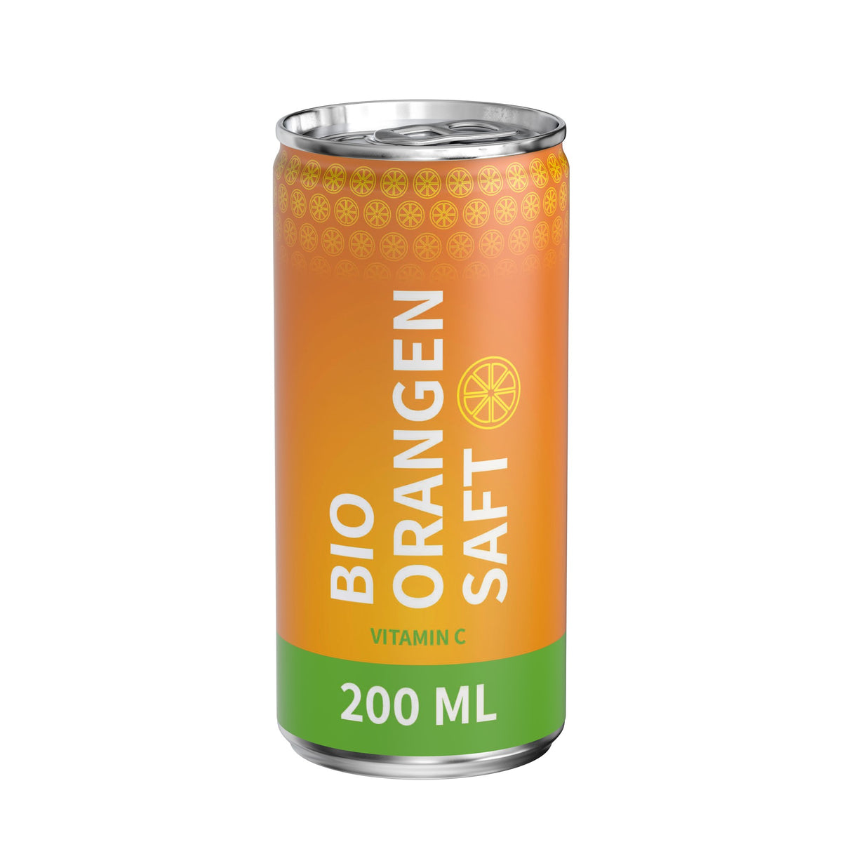 Biologisch sinaasappelsap in blikje van 200 ml, rondom bedrukt, wit mat, met voorbeeldontwerp