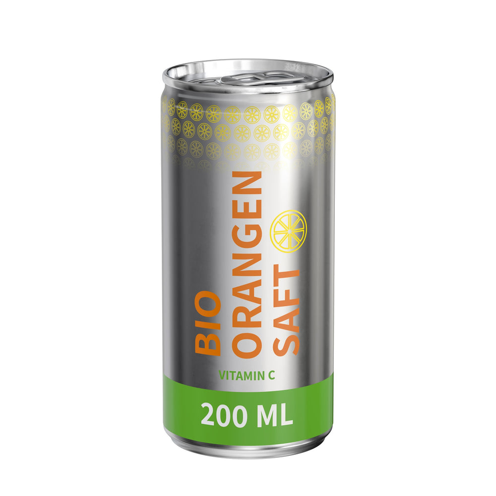 Biologisch sinaasappelsap in blikje van 200 ml, rondom bedrukt, metaallook glanzend, met voorbeeldontwerp