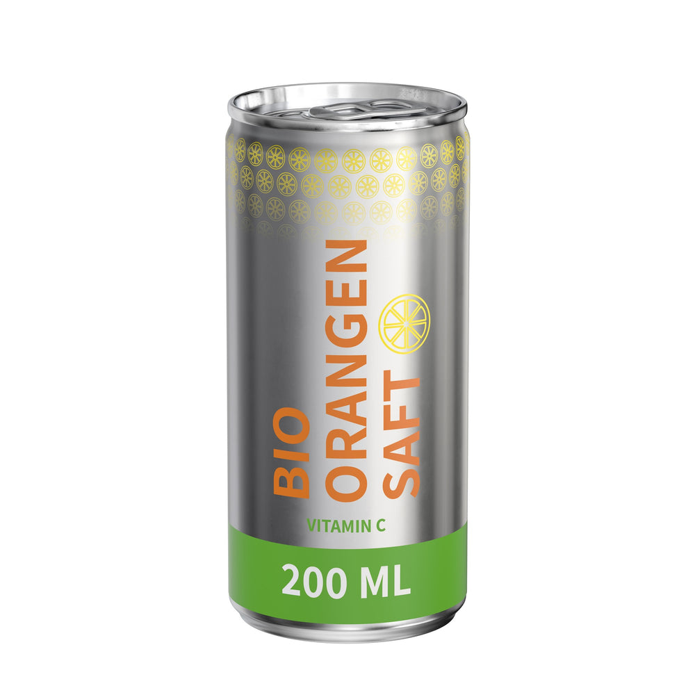 Biologisch sinaasappelsap in blikje van 200 ml, rondom bedrukt, metaallook mat, met voorbeeldontwerp