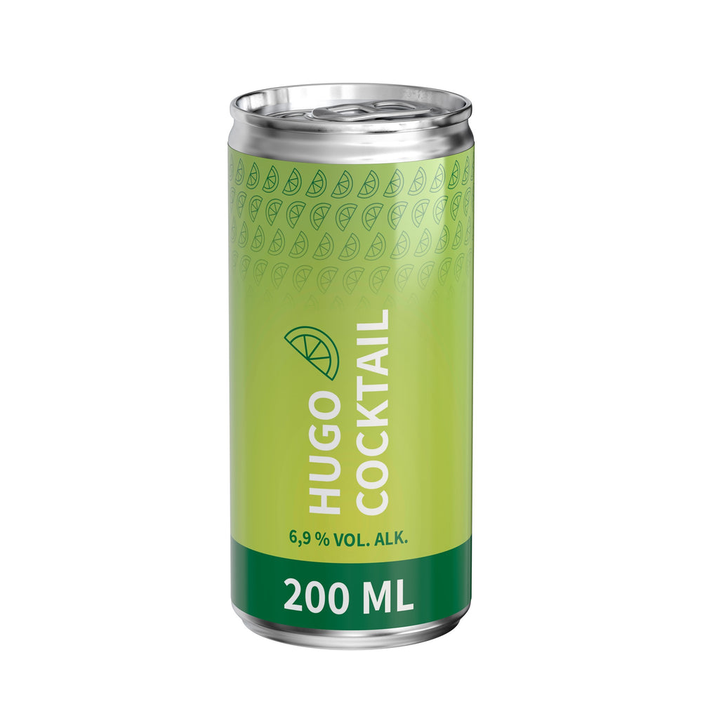 Hugo in blikje van 200 ml, glanzend etiket van folie, met voorbeeldontwerp
