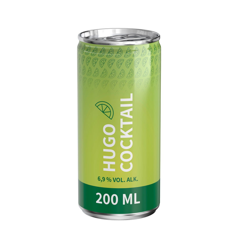 Hugo in blikje van 200 ml, rondom bedrukt, wit glanzend, met voorbeeldontwerp