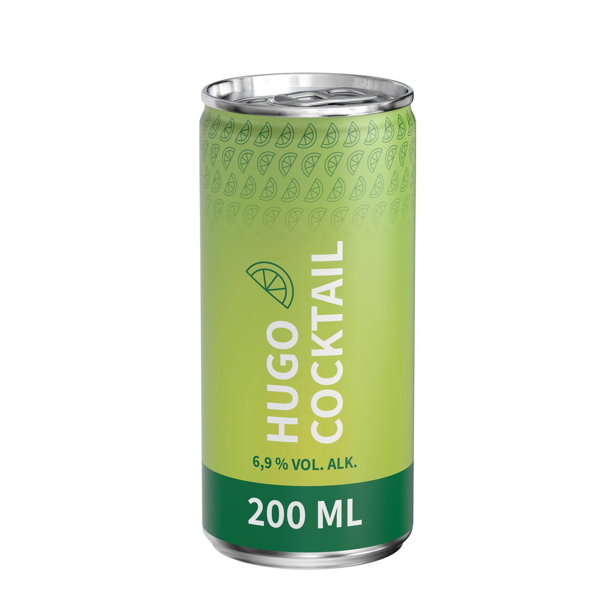 Hugo in blikje van 200 ml, rondom bedrukt, wit mat, met voorbeeldontwerp