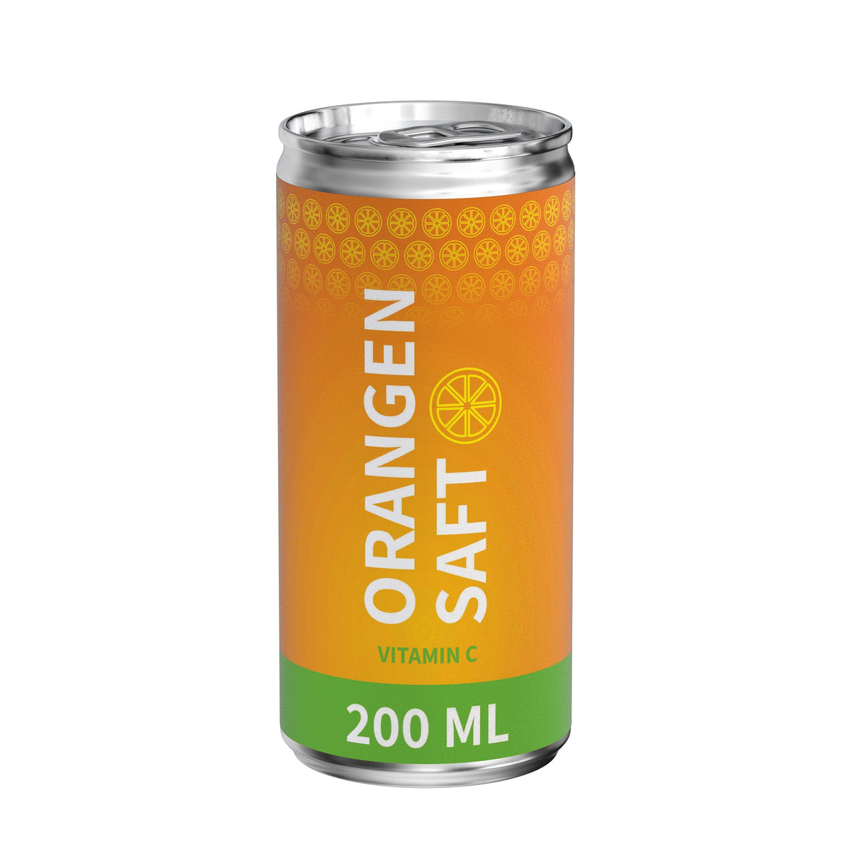 Sinaasappelsap in blikje van 200 ml, papieren etiket, mat, met voorbeeldontwerp