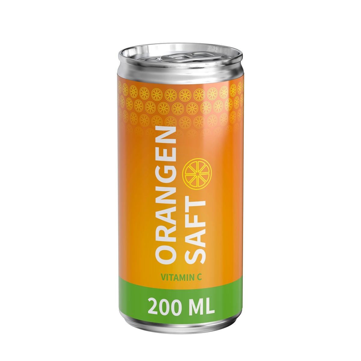 Sinaasappelsap in blikje van 200 ml, glanzend etiket van folie, met voorbeeldontwerp