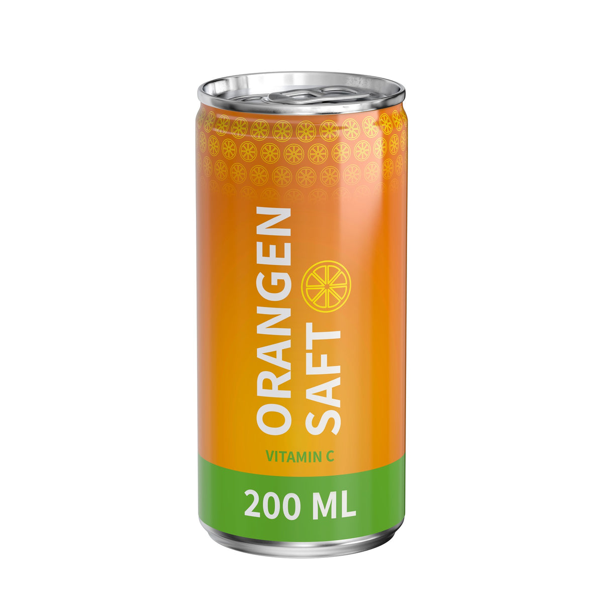 Sinaasappelsap in blikje van 200 ml, rondom bedrukt, wit glanzend, met voorbeeldontwerp