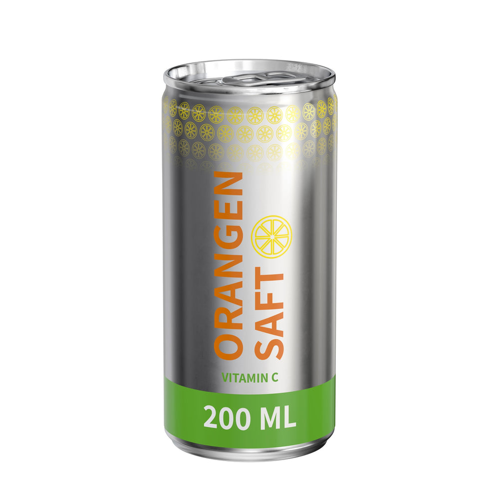 Sinaasappelsap in blikje van 200 ml, rondom bedrukt, metaallook glanzend, met voorbeeldontwerp
