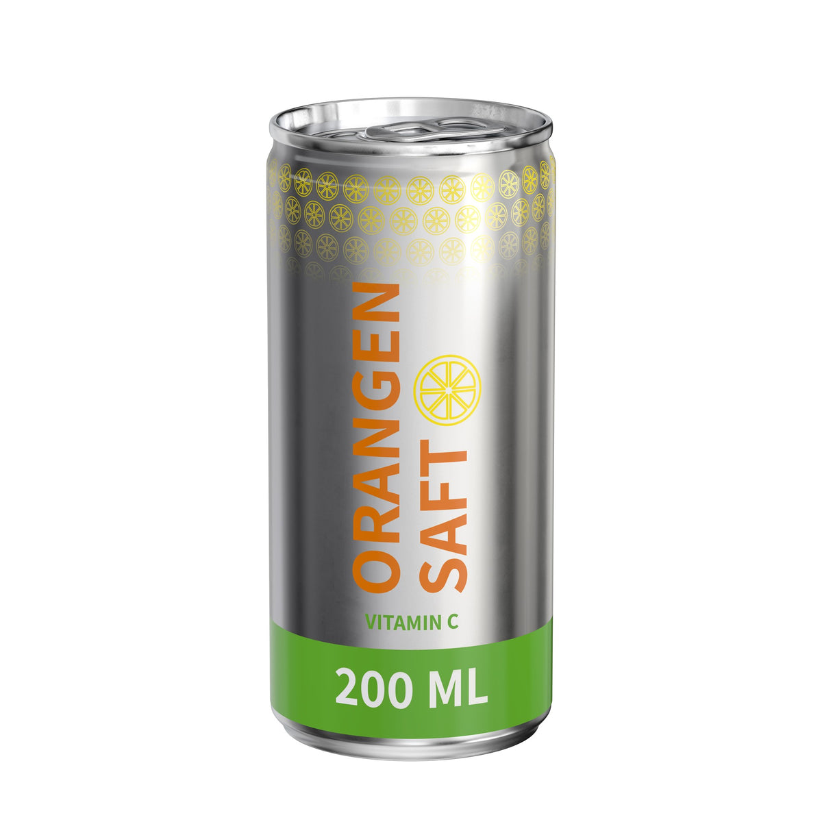 Sinaasappelsap in blikje van 200 ml, rondom bedrukt, metaallook glanzend, met voorbeeldontwerp