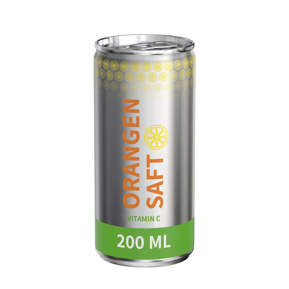 Sinaasappelsap in blikje van 200 ml, rondom bedrukt, metaallook mat, met voorbeeldontwerp