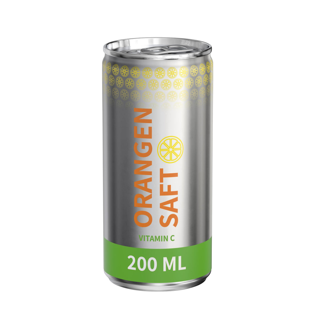 Sinaasappelsap in blikje van 200 ml, rondom bedrukt, metaallook mat, met voorbeeldontwerp