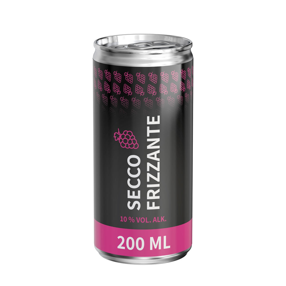 Secco in blikje van 200 ml, glanzend etiket van folie, met voorbeeldontwerp