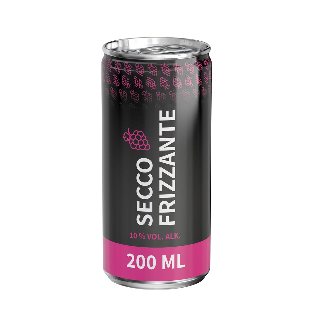 Secco in blikje van 200 ml, rondom bedrukt, wit glanzend, met voorbeeldontwerp