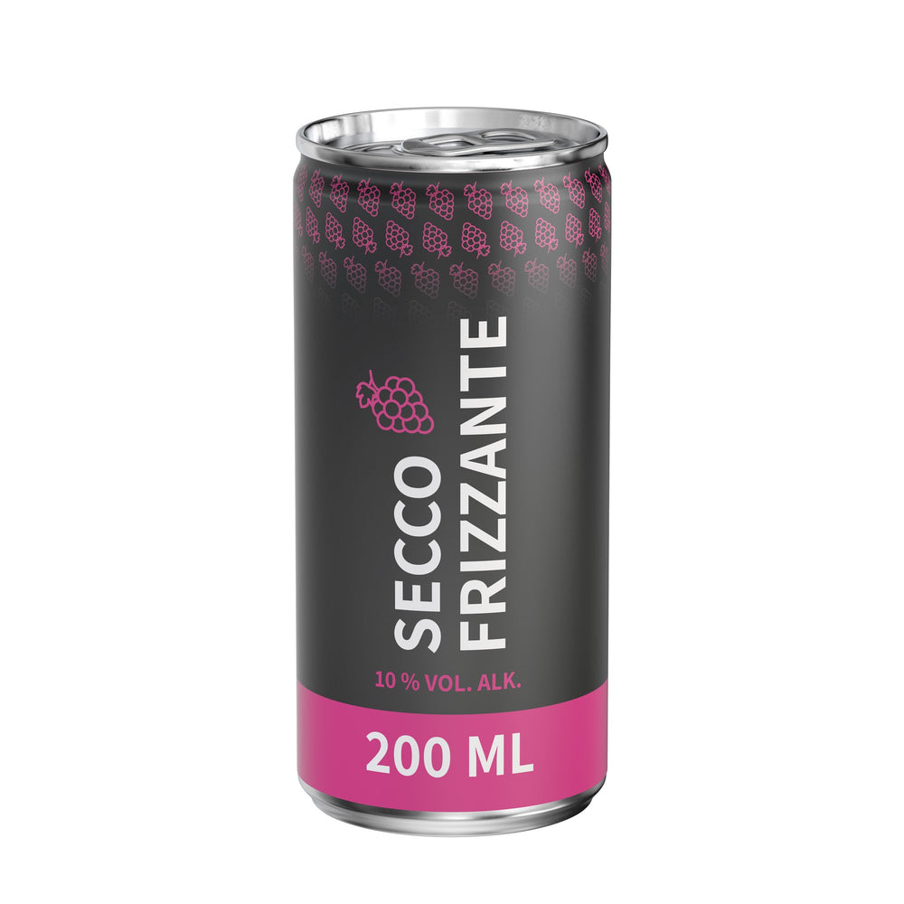 Secco in blikje van 200 ml, rondom bedrukt, wit mat, met voorbeeldontwerp