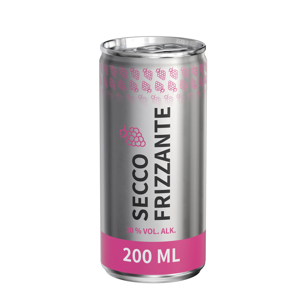 Secco in blikje van 200 ml, rondom bedrukt, metaallook mat, met voorbeeldontwerp