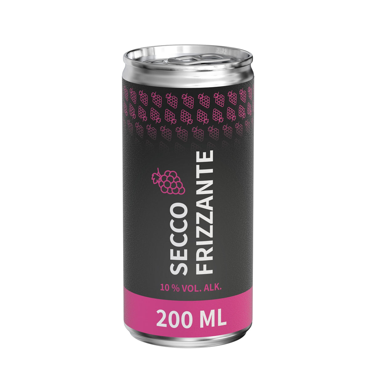 Secco in blikje van 200 ml, papieren etiket, mat, met voorbeeldontwerp