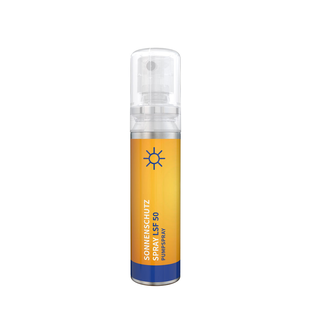 Zonnebrandspray SPF 50 als pocketspray van 20 ml, wit etiket, met voorbeeldontwerp